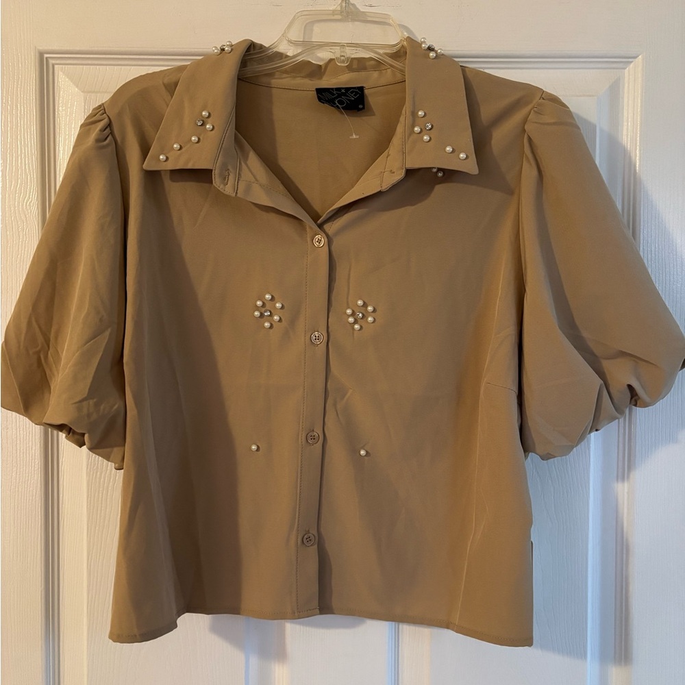 NWT Elegant Tan Women's Top with Pearl Accents